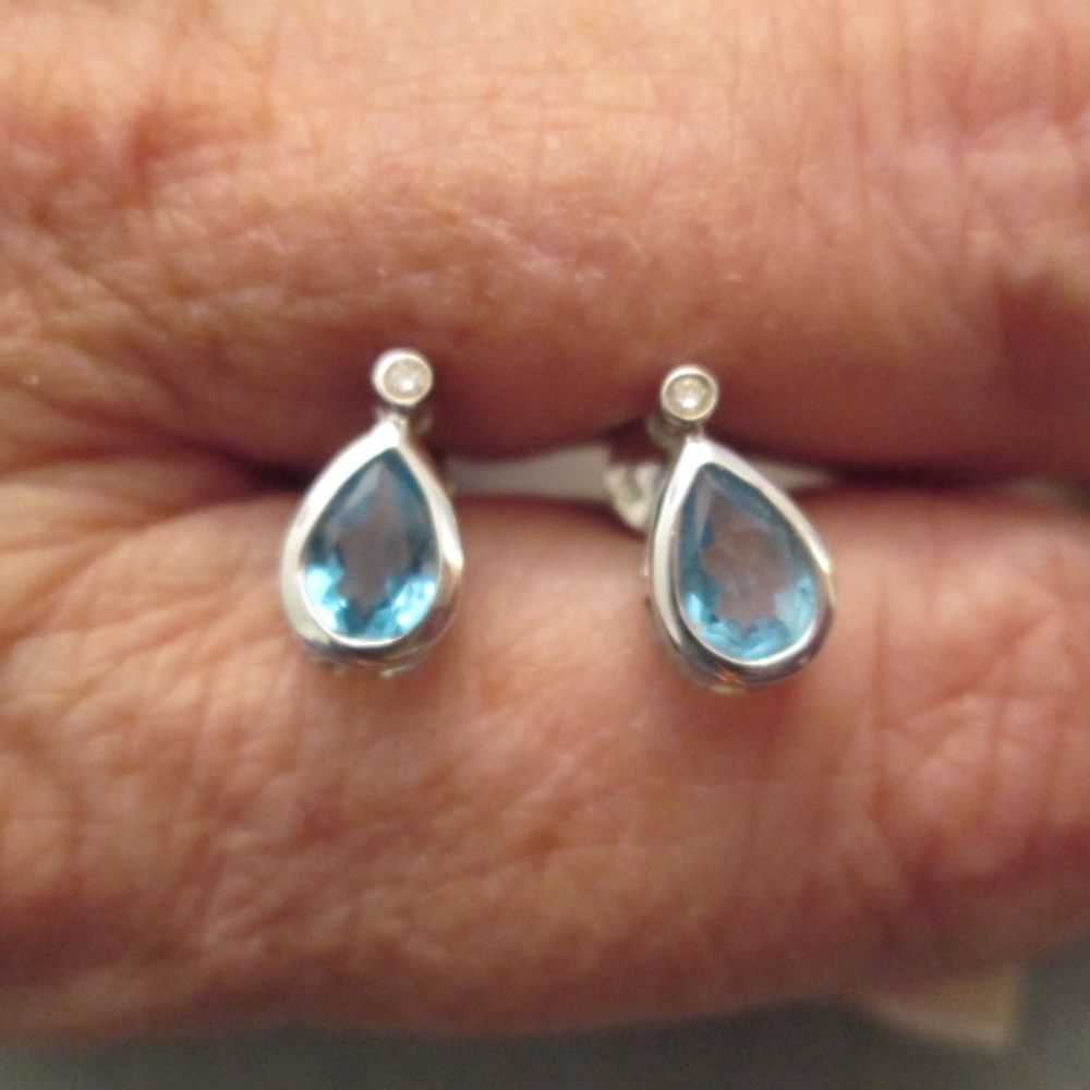14kt.White Gold & Genuine Blue Topaz & Diamond Earrings, Pierced Post, New